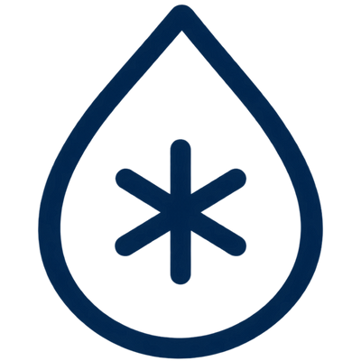 A dark blue outline of a water droplet with a starburst symbol inside, set against a solid white background.