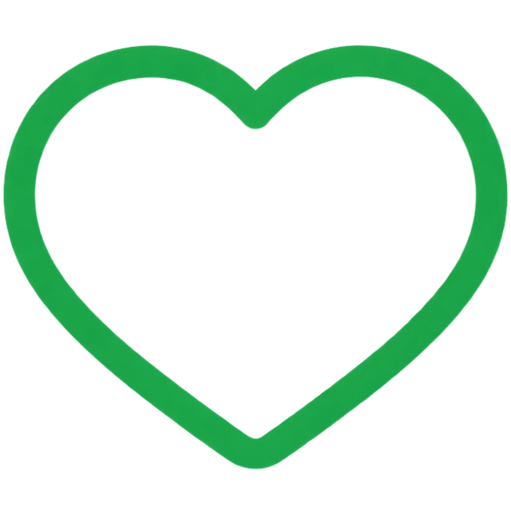 A simple green heart outline icon centered on a plain white background.