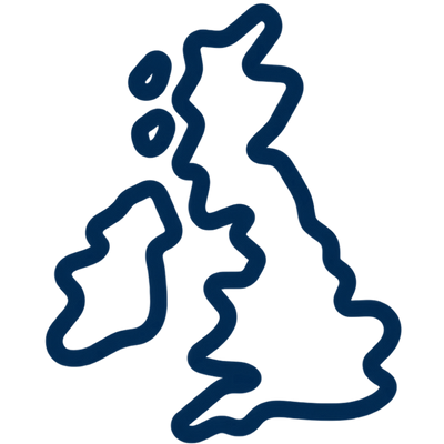 A dark navy blue outline map of the United Kingdom and its surrounding islands on a solid white background.