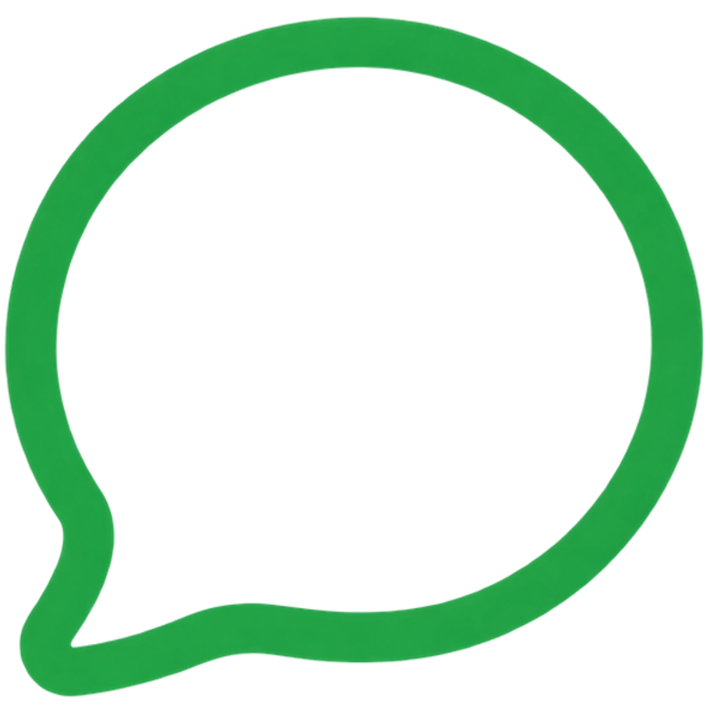A green outline speech bubble icon centered on a plain white background.