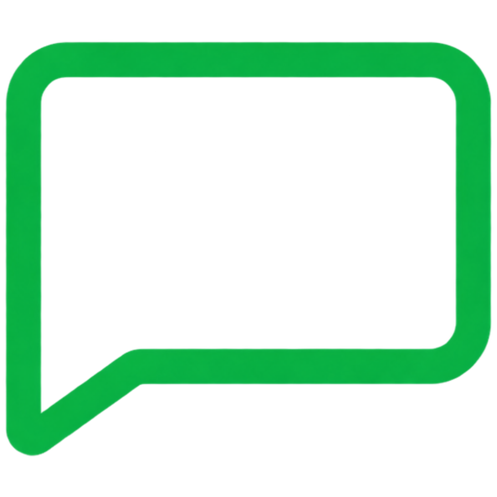 A simple green outline speech bubble icon centered on a plain white background.