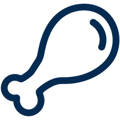 A dark blue outline icon of a drumstick on a solid white background.