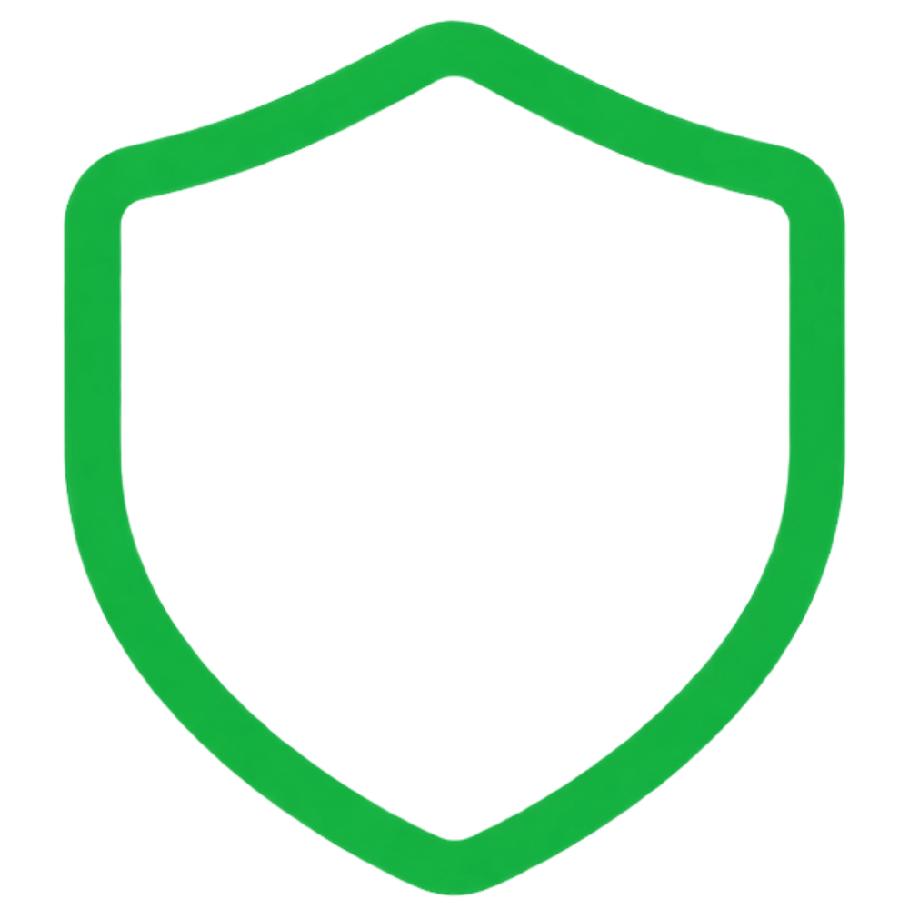 A green outline shield icon centered on a plain white background.