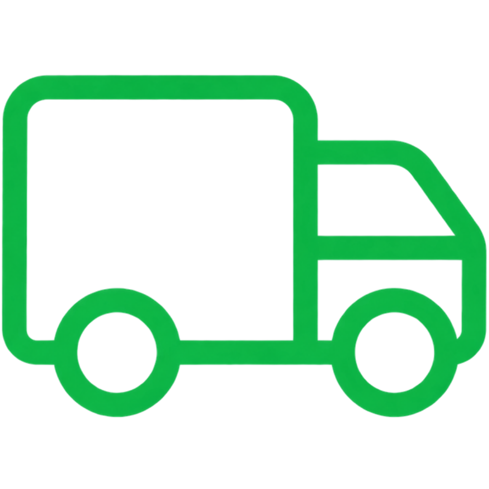 A green outline icon of a delivery truck on a plain white background.
