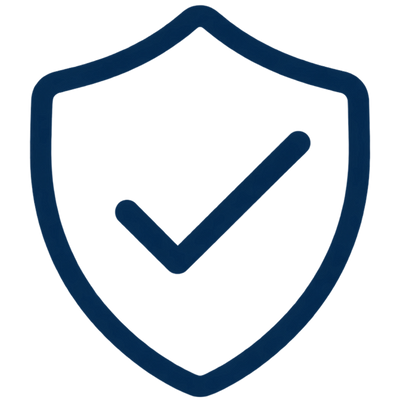 A dark blue outline shield icon containing a checkmark, centered on a light gray background.