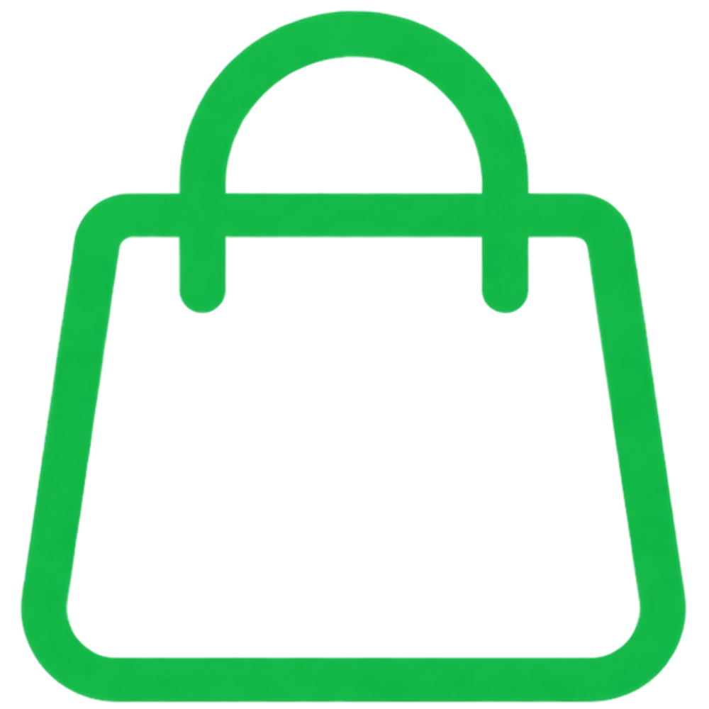 A green shopping bag outline icon centered on a plain white background.
